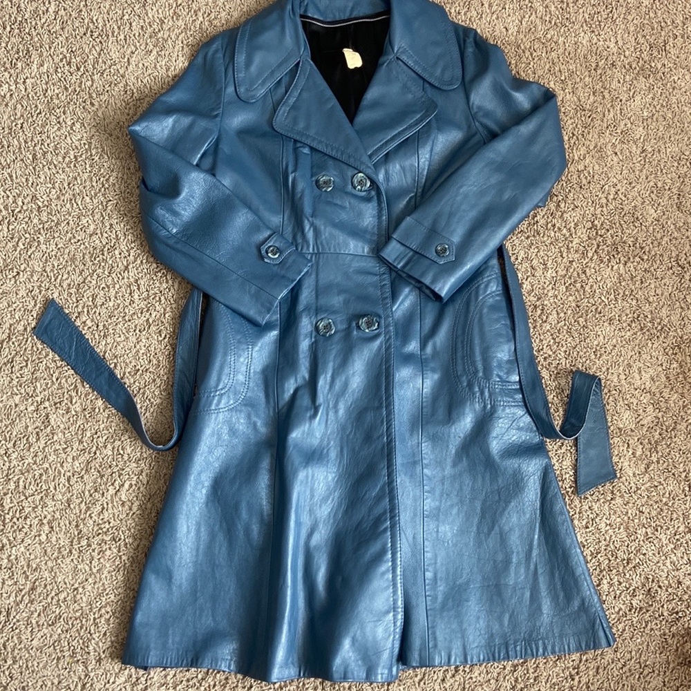 Vintage leather dress coat double breasted with belt steel blue size 12-14